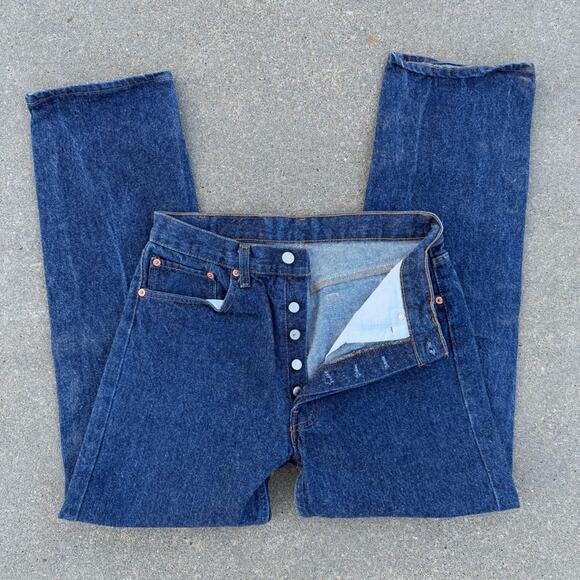 VTG 90s Levi's 501 Fuzzy Blue 5-Button Fly Original Fit Straight Leg Jeans 33x32 - Picture 1 of 11